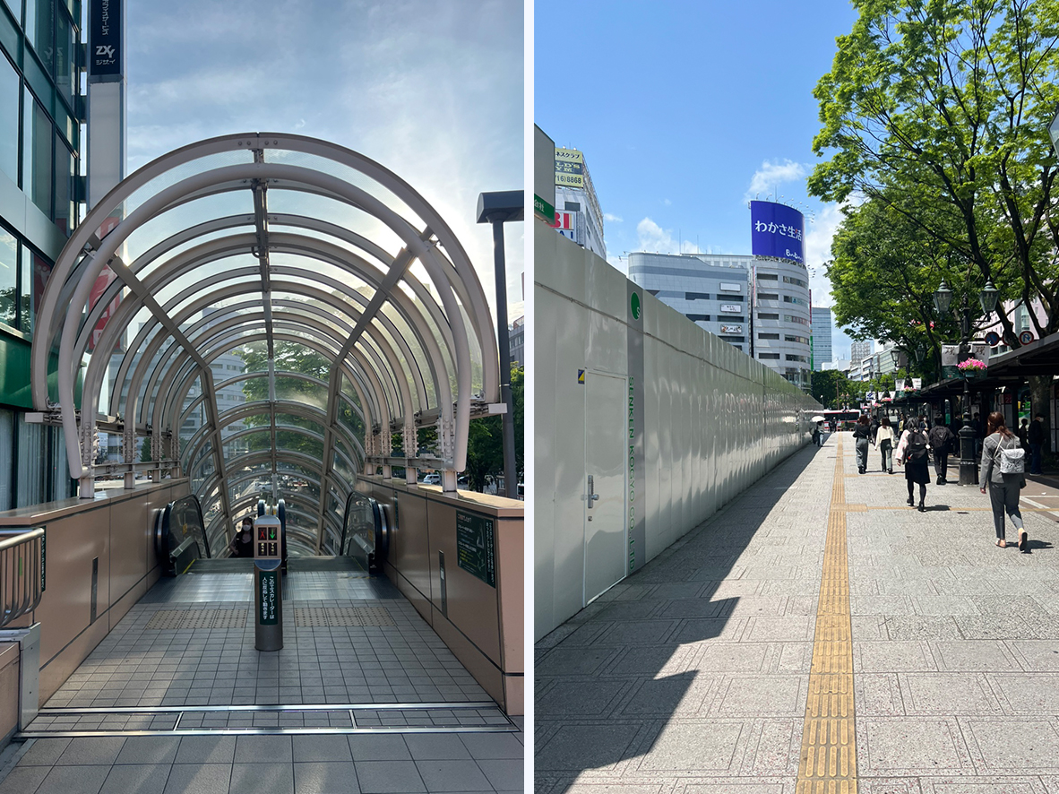 エスカレーターで下に下りバス通りの前をまっすぐ進みます。