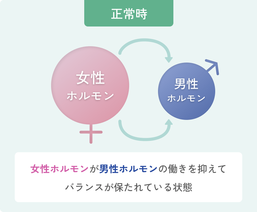 正常時 女性ホルモンが男性ホルモンの働きを抑えてバランスが保たれている状態